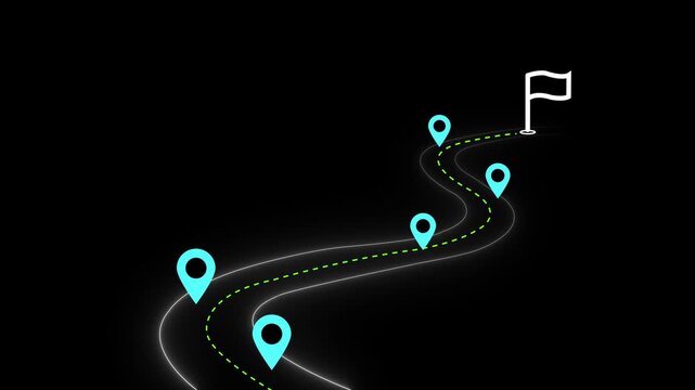Animated winding road path with glowing blue location map pins and finish line flag on a dark background, representing business growth, strategic planning, travel routes, and success