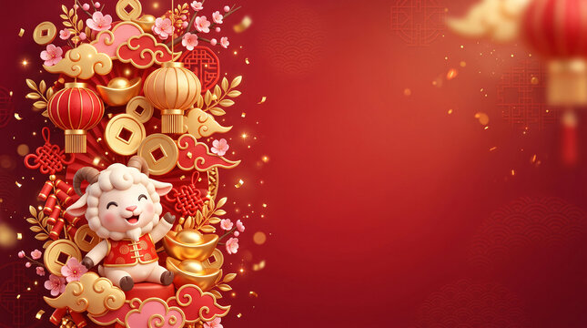 Cute baby sheep with traditional red lanterns and plum blossoms for Lunar New Year 2027
