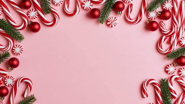 Christmas candy canes and peppermint candies frame a pink surface with space for copy Generative AI