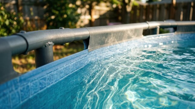 Sparkling turquoise pool water rippling against heavy-duty laminated PVC walls and powder-coated steel frame joints in afternoon sunlight.
