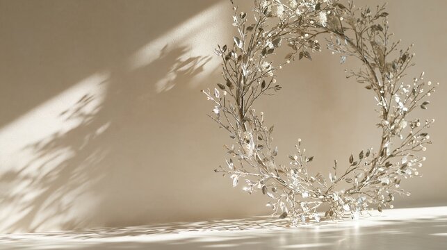 Platinum wreath with pearl accents rests against an ivory wall for Christmas Generative AI