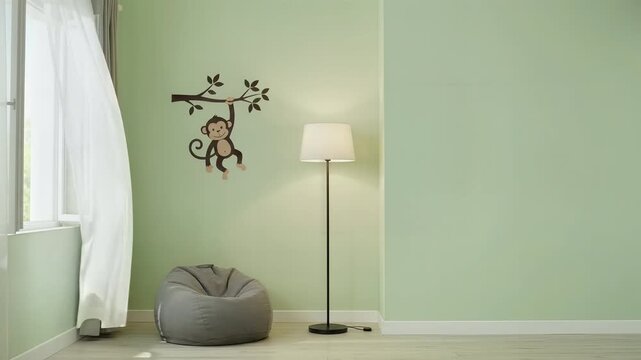 Cute Monkey Wall Decal in Modern Minimalist Kid Bedroom Interior