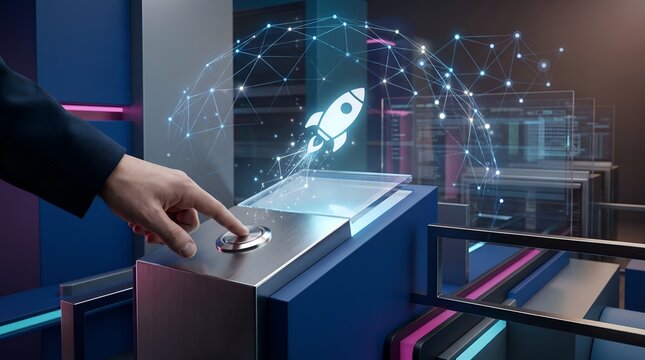 Businessman hand pressing metallic launch button on futuristic console projecting glowing holographic rocket and global network dome for project kickoff and business expansion