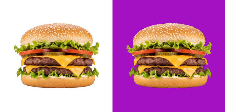 Double cheeseburger with fresh lettuce tomato and pickle slices on sesame bun