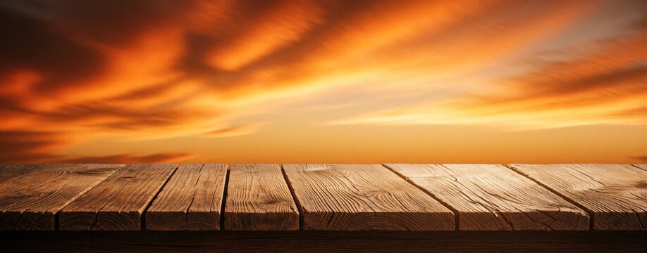 Empty rustic wooden table surface against bright orange sunset sky. Dark brown timber planks provide copy space for product mockup. Beautiful warm clouds, sun rays create natural background for
