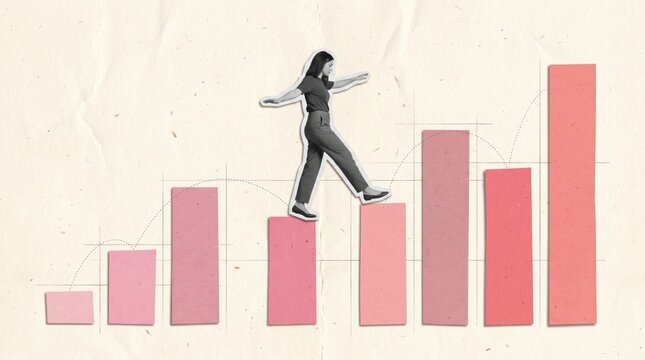 Collage-style illustration of a woman in gray trousers stepping across pink bar chart columns of different heights, arms outstretched for balance, on a cream background. Business growth and risk