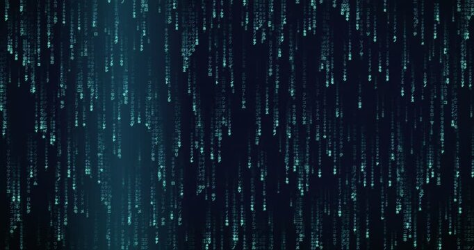 Japanese katakana characters cascade in a dense, slow-falling code storm animation with a soft neon glow.