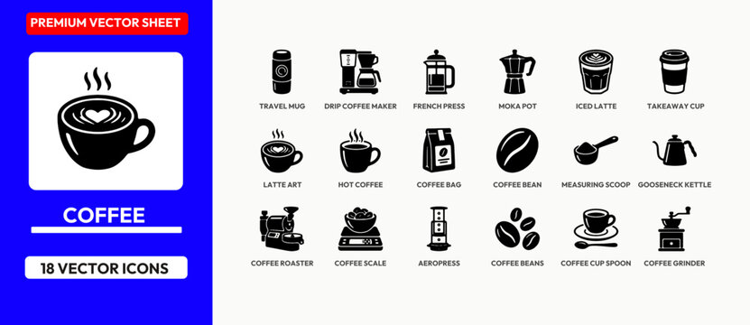 Black coffee icons set with travel mug drip maker french press and moka pot.