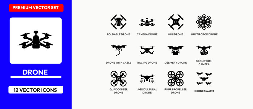 Black drone icons set with foldable camera mini and multirotor drone for delivery.
