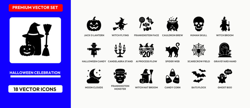 Halloween celebration vector icons set features pumpkin witch flying and haunted items.