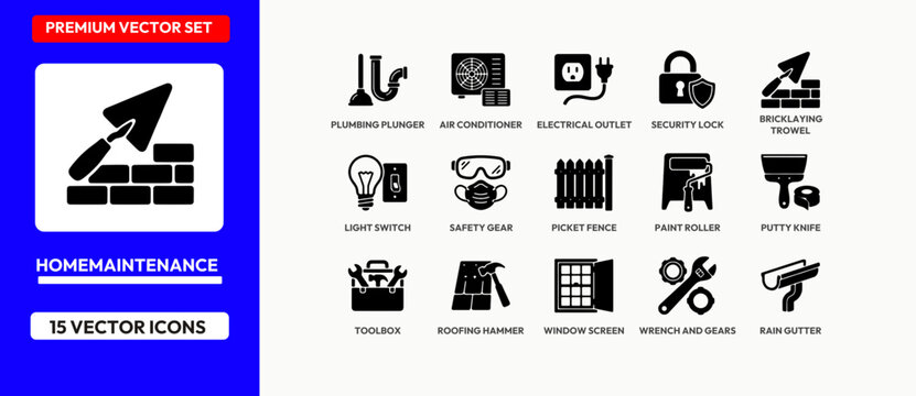 Home maintenance vector icons set features plumbing plunger electrical outlet and toolbox.