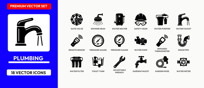 Black plumbing icons vector set for water systems and home maintenance.