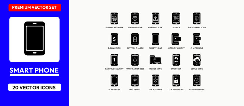 Smart phone vector icon set global network settings gear warning alert qr code fingerprint scan.