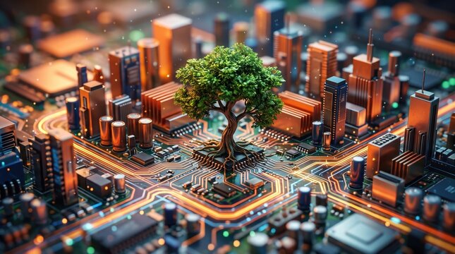 Macro tilt-shift style photo of a green tree growing on a colorful circuit board that resembles an orange city skyline, with glowing light trails and bokeh. Green technology and digital sustainability