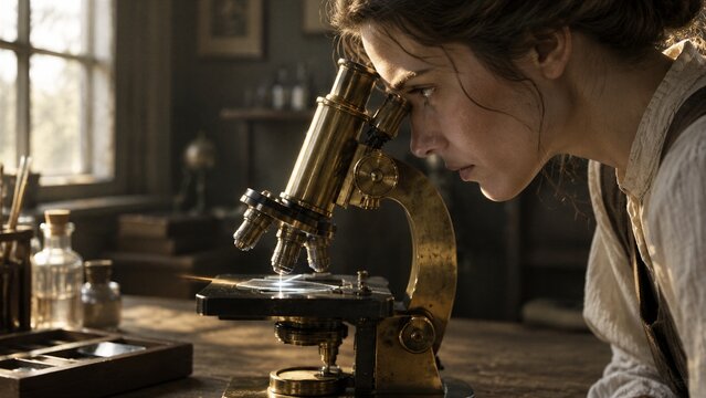 Scientific Discovery: A determined scientist peers intently through a vintage microscope, immersed in research within a dimly lit laboratory, the air thick with the pursuit of knowledge.
