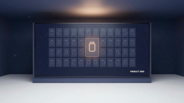 Modern showroom display wall screen showing mobile app product grid catalogue layout icon