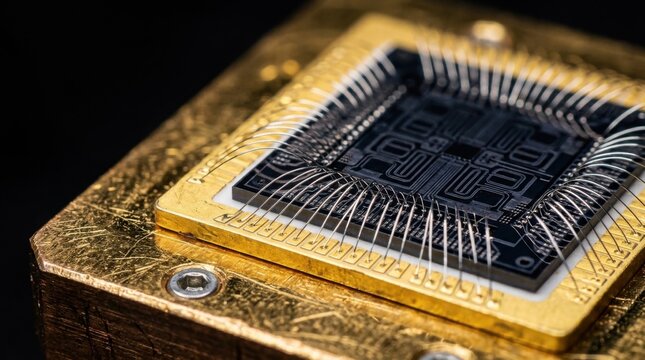 Superconducting quantum processor chip package with patterned microwave resonators, silicon die, and aluminum wire bonds on gold plated copper cold plate.