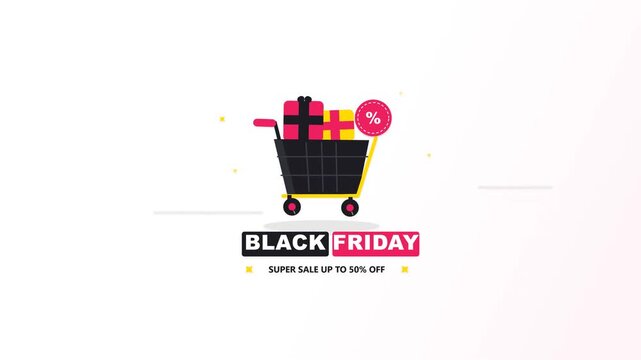 Vibrant vector illustration of a shopping cart overflowing with gift boxes and a discount tag, symbolizing a major seasonal sales event for online commerce