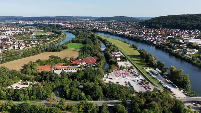 Drone video over Kelheim between Altm&uuml;hl and Main. Kelheim, Lower Bavaria, Bavaria, Germany