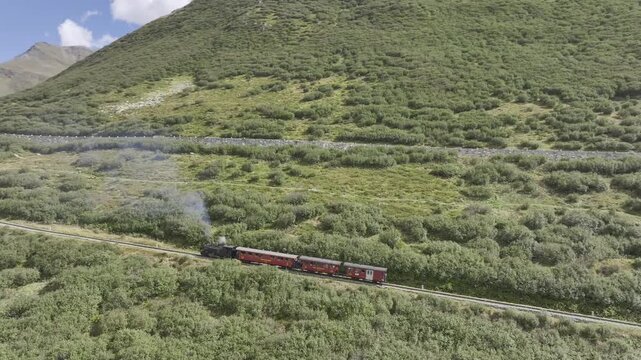 Steam railway, train with steam locomotive, Furka steam railway near Oberalpstafel, Obergoms, Furka Pass, Valais, Switzerland