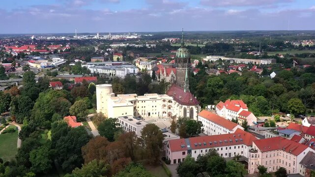 Drone shot, drone video, drone flight, aerial view, flight over the historic castle with castle church and view of the city church St. Marien zu Wittenberg, Luther city Wittenberg, Saxony-Anhalt, Ger