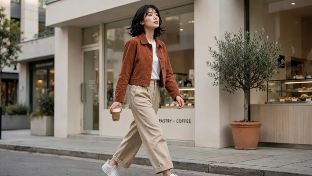 Young woman walking with coffee cup past modern cafe storefront in