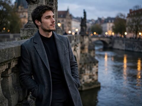 Man in gray coat contemplates historic bridge at dusk beside
