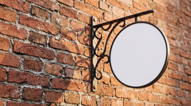 Blank round white projecting storefront sign mockup hanging on rustic red brick wall with ornate metal bracket