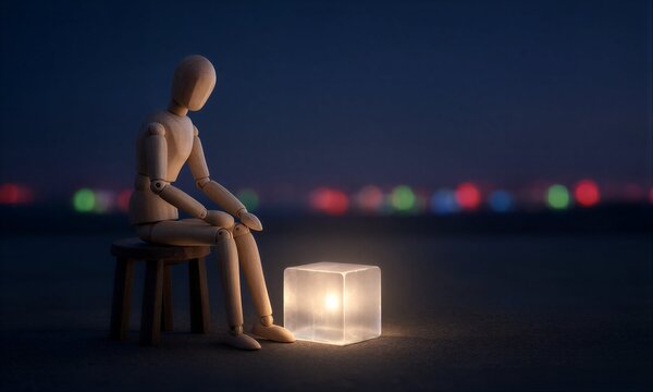 Wooden figure sits beside glowing cube at night, contemplative in dimly lit scene.