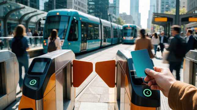 Person uses contactless bank card to pay fare at modern tram station gate. Hand taps teal credit card on automated validator. Blue electric trams arrive at urban transport hub in busy city. Commuters