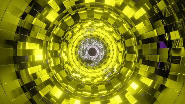 Green checkered pattern forming a tunnel perspective with light effects in digital art style Metallic tube with flickering light. Abstract sci-fi background
