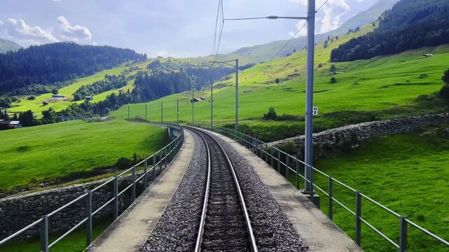 Glacier Express Train Point of View on Railroad Tracks and Mountainscape and Mountain Valley in a Sunny Summer Day in Sedrun, Surselva, Oberalp, Grisons, Switzerland