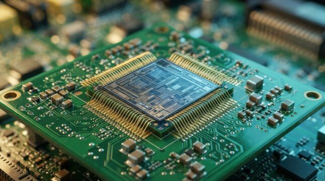 Macro closeup of high density silicon microprocessor die mounted on green printed circuit board with gold wire bonds and miniature ceramic capacitors for edge computing hardware.