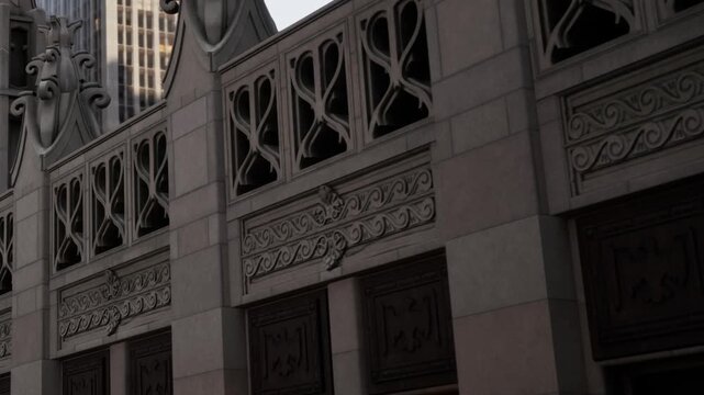 Stone carvings and decorative patterns decorate the facade of this urban building structure during the afternoon light while windows reflect the surrounding city environment in a quiet urban setting