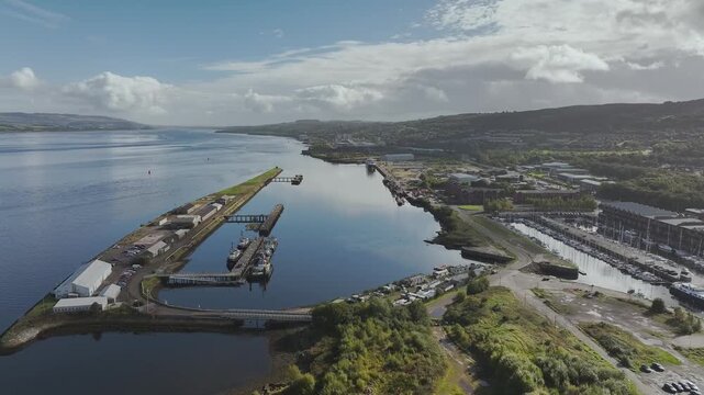 James Watt Dock Marina over River Clyde and Inner Clyde Estuary from a drone, Greenock, Port Glasgow, Inverclyde, Scotland, UK