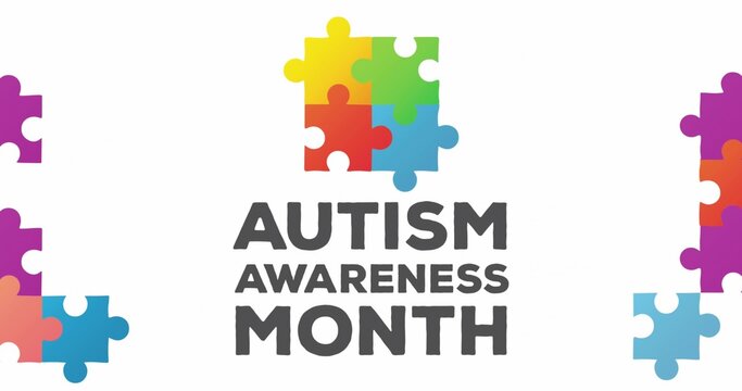 Featuring centered colorful 2x2 jigsaw puzzle logo above bold AUTISM AWARENESS MONTH on white field