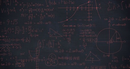 Obraz premium Displaying wall-mounted chalkboard in classroom, showing dense pink chalk math with unit circle