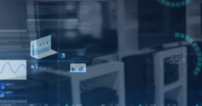 Displaying white desk with dual monitors projecting translucent blue HUD charts in blurred office