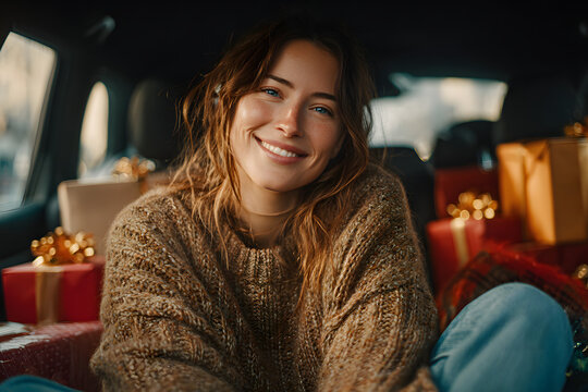 Excited woman preparing for winter holidays, sitting with Xmas gift boxes on back seat of car and smiling at camera