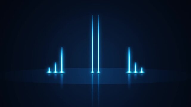 Abstract blue neon glowing vertical light lines and audio equalizer bars on dark background design