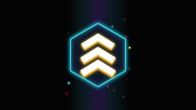 Futuristic neon hexagon rank icon featuring glowing gold arrows pointing up on a dark digital background