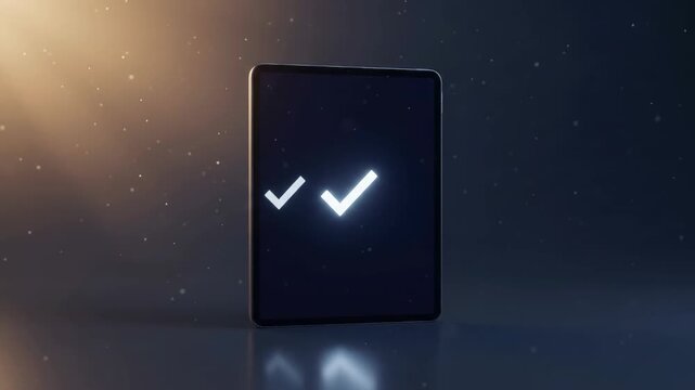 Dark tablet computer standing upright on reflective surface displaying glowing white checkmark icon