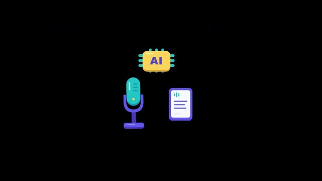 Animation of an AI chip and microphone transcribing audio into text with alpha channel and seamless loop on a transparent background.