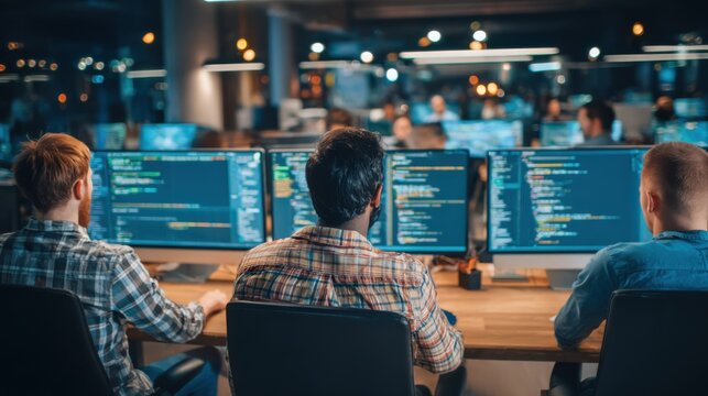 Software developers collaborating around monitors during application code review and sprint planning.