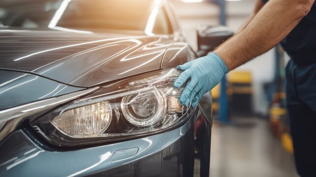 Vehicle owner prepares to replace a halogen headlight bulb during routine car maintenance in a welllit garage setting.