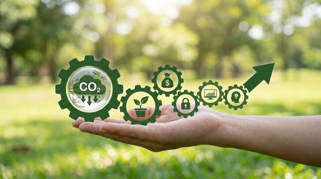 Green business strategy with carbon reduction icons on open hand