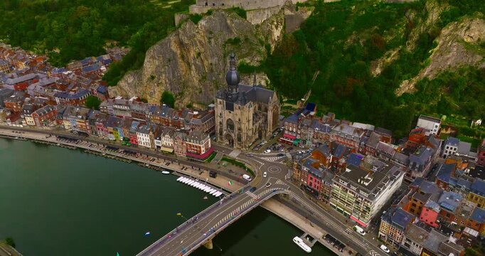 Aerial view of the beautiful, picturesque town of Dinant in Belgium, situated on the Meuse River between two cliffs
