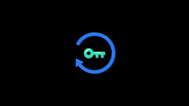 This 2D animated key icon features a rotating blue arrow, representing a security reset or access update. It is a seamless loop with an alpha channel for easy overlay on video projects.