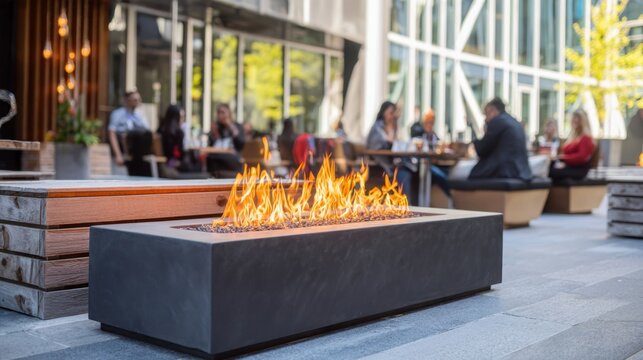 Modern gas fire pit with vibrant orange flames on a sleek patio, surrounded by guests gathering for a ceremonial event.