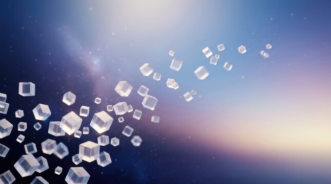 Geometric cubes float and drift through a gradient sky. The cubes appear to be dissolving or fragmenting, creating a sense of movement and transformation.